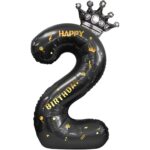 Balon din Folie Metalizata Embo, Figurina Cifra si Coroana, Scris Happy Birthday, Tema Aniversare 100 cm, Ambalaj Individual, Pai inclus, Umflare cu Aer sau Heliu, Negru, Cifra 2