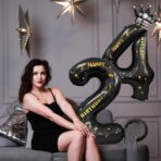 Balon din Folie Metalizata Embo, Figurina Cifra si Coroana, Scris Happy Birthday, Tema Aniversare 100 cm, Ambalaj Individual, Pai inclus, Umflare cu Aer sau Heliu, Negru, Cifra 2 - imagine 8