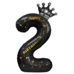 Balon din Folie Metalizata Embo, Figurina Cifra si Coroana, Scris Happy Birthday, Tema Aniversare 100 cm, Ambalaj Individual, Pai inclus, Umflare cu Aer sau Heliu, Negru, Cifra 2 - imagine 7