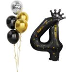 Balon din Folie Metalizata Embo, Figurina Cifra si Coroana, Scris Happy Birthday, Tema Aniversare 100 cm, Ambalaj Individual, Pai inclus, Umflare cu Aer sau Heliu, Negru, Cifra 4 - imagine 3
