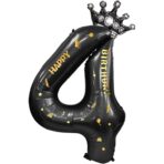 Balon din Folie Metalizata Embo, Figurina Cifra si Coroana, Scris Happy Birthday, Tema Aniversare 100 cm, Ambalaj Individual, Pai inclus, Umflare cu Aer sau Heliu, Negru, Cifra 4