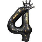 Balon din Folie Metalizata Embo, Figurina Cifra si Coroana, Scris Happy Birthday, Tema Aniversare 100 cm, Ambalaj Individual, Pai inclus, Umflare cu Aer sau Heliu, Negru, Cifra 4