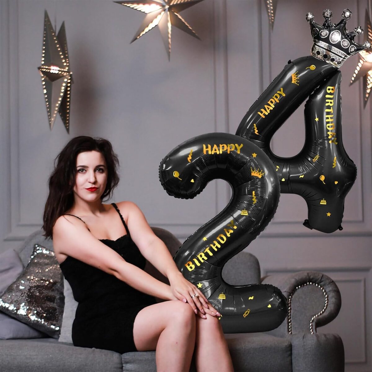 Balon din Folie Metalizata Embo, Figurina Cifra si Coroana, Scris Happy Birthday, Tema Aniversare 100 cm, Ambalaj Individual, Pai inclus, Umflare cu Aer sau Heliu, Negru, Cifra 4 - imagine 8