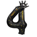 Balon din Folie Metalizata Embo, Figurina Cifra si Coroana, Scris Happy Birthday, Tema Aniversare 100 cm, Ambalaj Individual, Pai inclus, Umflare cu Aer sau Heliu, Negru, Cifra 4 - imagine 7