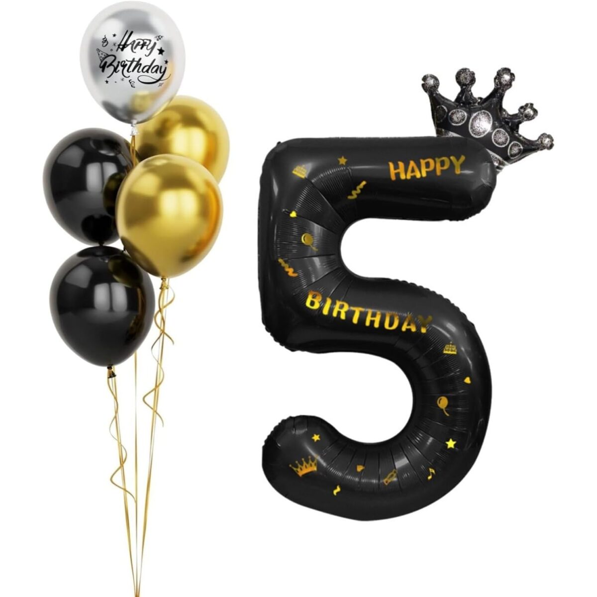 Balon din Folie Metalizata Embo, Figurina Cifra si Coroana, Scris Happy Birthday, Tema Aniversare 100 cm, Ambalaj Individual, Pai inclus, Umflare cu Aer sau Heliu, Negru, Cifra 5 - imagine 3