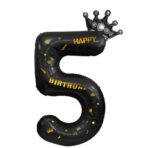 Balon din Folie Metalizata Embo, Figurina Cifra si Coroana, Scris Happy Birthday, Tema Aniversare 100 cm, Ambalaj Individual, Pai inclus, Umflare cu Aer sau Heliu, Negru, Cifra 5 - imagine 6