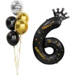Balon din Folie Metalizata Embo, Figurina Cifra si Coroana, Scris Happy Birthday, Tema Aniversare 100 cm, Ambalaj Individual, Pai inclus, Umflare cu Aer sau Heliu, Negru, Cifra 6 - imagine 3