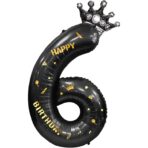 Balon din Folie Metalizata Embo, Figurina Cifra si Coroana, Scris Happy Birthday, Tema Aniversare 100 cm, Ambalaj Individual, Pai inclus, Umflare cu Aer sau Heliu, Negru, Cifra 6