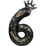 Balon din Folie Metalizata Embo, Figurina Cifra si Coroana, Scris Happy Birthday, Tema Aniversare 100 cm, Ambalaj Individual, Pai inclus, Umflare cu Aer sau Heliu, Negru, Cifra 6