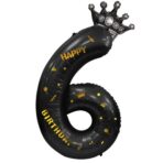 Balon din Folie Metalizata Embo, Figurina Cifra si Coroana, Scris Happy Birthday, Tema Aniversare 100 cm, Ambalaj Individual, Pai inclus, Umflare cu Aer sau Heliu, Negru, Cifra 6 - imagine 7