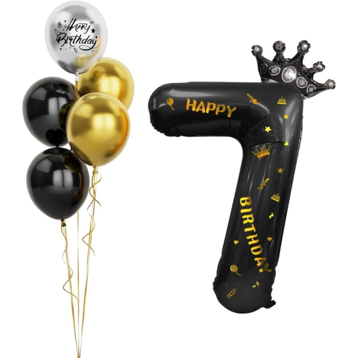 Balon din Folie Metalizata Embo, Figurina Cifra si Coroana, Scris Happy Birthday, Tema Aniversare 100 cm, Ambalaj Individual, Pai inclus, Umflare cu Aer sau Heliu, Negru, Cifra 7 - imagine 3