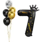 Balon din Folie Metalizata Embo, Figurina Cifra si Coroana, Scris Happy Birthday, Tema Aniversare 100 cm, Ambalaj Individual, Pai inclus, Umflare cu Aer sau Heliu, Negru, Cifra 7 - imagine 3