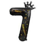 Balon din Folie Metalizata Embo, Figurina Cifra si Coroana, Scris Happy Birthday, Tema Aniversare 100 cm, Ambalaj Individual, Pai inclus, Umflare cu Aer sau Heliu, Negru, Cifra 7 - imagine 6