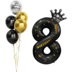 Balon din Folie Metalizata Embo, Figurina Cifra si Coroana, Scris Happy Birthday, Tema Aniversare 100 cm, Ambalaj Individual, Pai inclus, Umflare cu Aer sau Heliu, Negru, Cifra 8 - imagine 3