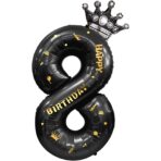 Balon din Folie Metalizata Embo, Figurina Cifra si Coroana, Scris Happy Birthday, Tema Aniversare 100 cm, Ambalaj Individual, Pai inclus, Umflare cu Aer sau Heliu, Negru, Cifra 8