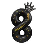 Balon din Folie Metalizata Embo, Figurina Cifra si Coroana, Scris Happy Birthday, Tema Aniversare 100 cm, Ambalaj Individual, Pai inclus, Umflare cu Aer sau Heliu, Negru, Cifra 8 - imagine 6