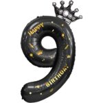 Balon din Folie Metalizata Embo, Figurina Cifra si Coroana, Scris Happy Birthday, Tema Aniversare 100 cm, Ambalaj Individual, Pai inclus, Umflare cu Aer sau Heliu, Negru, Cifra 9