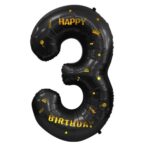 Balon din Folie Metalizata Embo, Figurina Cifra, Scris Happy Birthday, Tema Aniversare 100 cm, Ambalaj Individual, Pai inclus, Umflare cu Aer sau Heliu, Negru, Cifra 3 - imagine 3