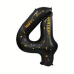 Balon din Folie Metalizata Embo, Figurina Cifra, Scris Happy Birthday, Tema Aniversare 100 cm, Ambalaj Individual, Pai inclus, Umflare cu Aer sau Heliu, Negru, Cifra 4
