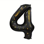Balon din Folie Metalizata Embo, Figurina Cifra, Scris Happy Birthday, Tema Aniversare 100 cm, Ambalaj Individual, Pai inclus, Umflare cu Aer sau Heliu, Negru, Cifra 4