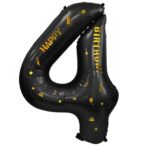 Balon din Folie Metalizata Embo, Figurina Cifra, Scris Happy Birthday, Tema Aniversare 100 cm, Ambalaj Individual, Pai inclus, Umflare cu Aer sau Heliu, Negru, Cifra 4 - imagine 4