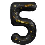 Balon din Folie Metalizata Embo, Figurina Cifra, Scris Happy Birthday, Tema Aniversare 100 cm, Ambalaj Individual, Pai inclus, Umflare cu Aer sau Heliu, Negru, Cifra 5 - imagine 3