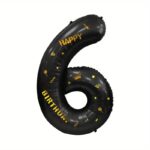 Balon din Folie Metalizata Embo, Figurina Cifra, Scris Happy Birthday, Tema Aniversare 100 cm, Ambalaj Individual, Pai inclus, Umflare cu Aer sau Heliu, Negru, Cifra 6