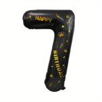 Balon din Folie Metalizata Embo, Figurina Cifra, Scris Happy Birthday, Tema Aniversare 100 cm, Ambalaj Individual, Pai inclus, Umflare cu Aer sau Heliu, Negru, Cifra 7