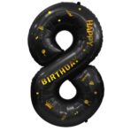Balon din Folie Metalizata Embo, Figurina Cifra, Scris Happy Birthday, Tema Aniversare 100 cm, Ambalaj Individual, Pai inclus, Umflare cu Aer sau Heliu, Negru, Cifra 8 - imagine 3