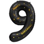 Balon din Folie Metalizata Embo, Figurina Cifra, Scris Happy Birthday, Tema Aniversare 100 cm, Ambalaj Individual, Pai inclus, Umflare cu Aer sau Heliu, Negru, Cifra 9 - imagine 3