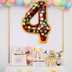 Balon din Folie Metalizata Embo, Figurina Cifra, Imprimeu Gogosi, Tema Aniversare 100 cm, Ambalaj Individual, Pai inclus, Umflare cu Aer sau Heliu, Multicolor, Cifra 4 - imagine 4
