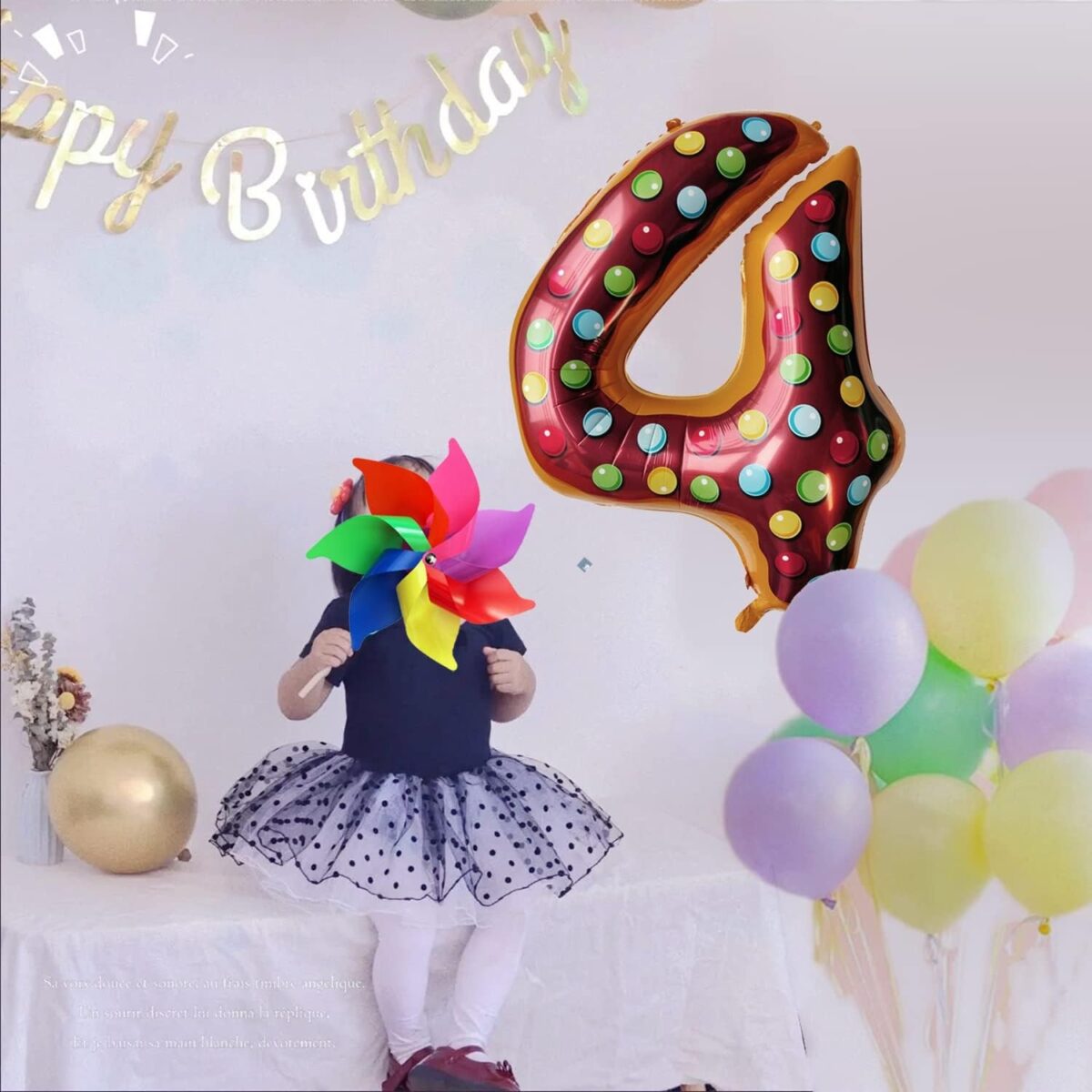 Balon din Folie Metalizata Embo, Figurina Cifra, Imprimeu Gogosi, Tema Aniversare 100 cm, Ambalaj Individual, Pai inclus, Umflare cu Aer sau Heliu, Multicolor, Cifra 4 - imagine 8