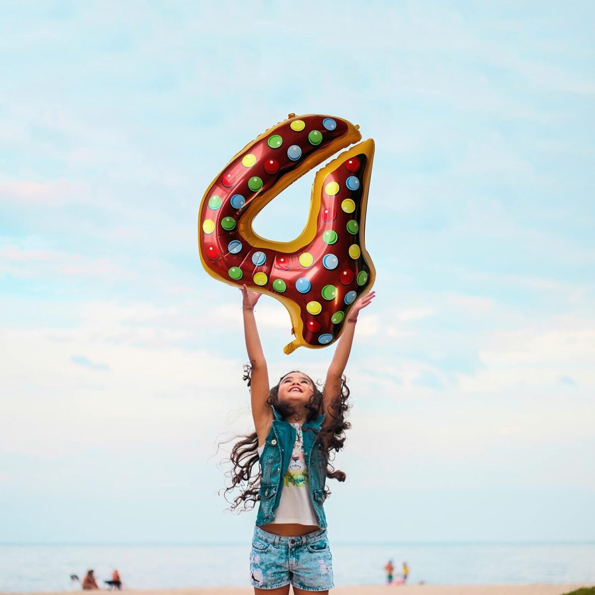 Balon din Folie Metalizata Embo, Figurina Cifra, Imprimeu Gogosi, Tema Aniversare 100 cm, Ambalaj Individual, Pai inclus, Umflare cu Aer sau Heliu, Multicolor, Cifra 4 - imagine 10