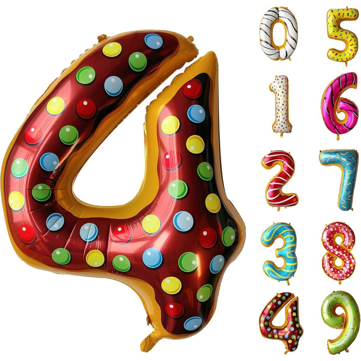Balon din Folie Metalizata Embo, Figurina Cifra, Imprimeu Gogosi, Tema Aniversare 100 cm, Ambalaj Individual, Pai inclus, Umflare cu Aer sau Heliu, Multicolor, Cifra 4 - imagine 11