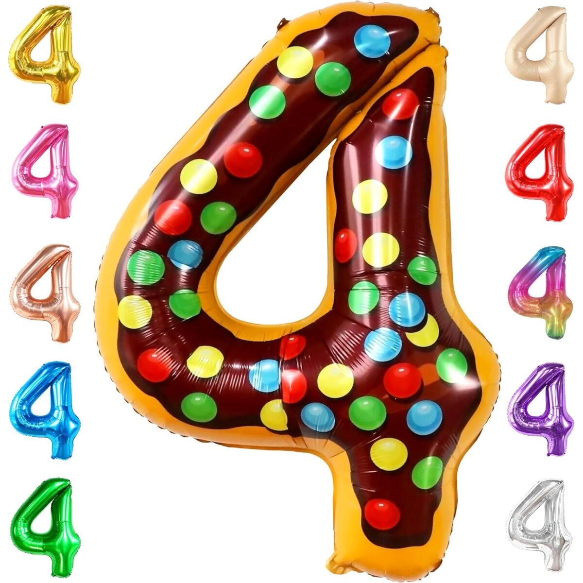 Balon din Folie Metalizata Embo, Figurina Cifra, Imprimeu Gogosi, Tema Aniversare 100 cm, Ambalaj Individual, Pai inclus, Umflare cu Aer sau Heliu, Multicolor, Cifra 4 - imagine 12