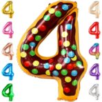 Balon din Folie Metalizata Embo, Figurina Cifra, Imprimeu Gogosi, Tema Aniversare 100 cm, Ambalaj Individual, Pai inclus, Umflare cu Aer sau Heliu, Multicolor, Cifra 4 - imagine 12