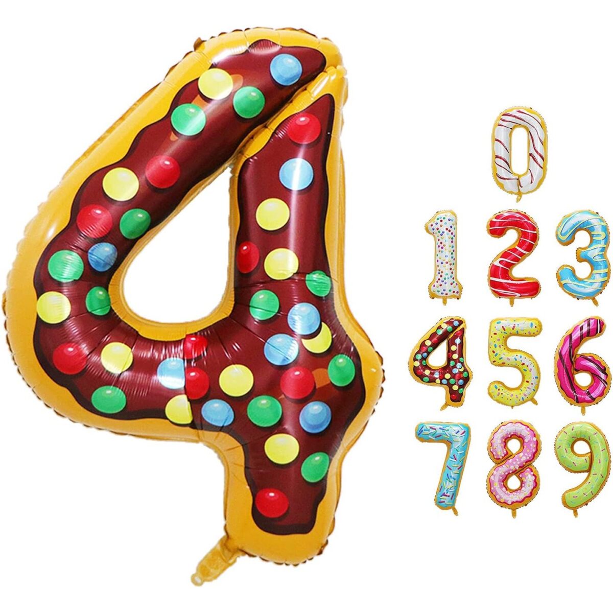 Balon din Folie Metalizata Embo, Figurina Cifra, Imprimeu Gogosi, Tema Aniversare 100 cm, Ambalaj Individual, Pai inclus, Umflare cu Aer sau Heliu, Multicolor, Cifra 4 - imagine 13