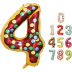 Balon din Folie Metalizata Embo, Figurina Cifra, Imprimeu Gogosi, Tema Aniversare 100 cm, Ambalaj Individual, Pai inclus, Umflare cu Aer sau Heliu, Multicolor, Cifra 4 - imagine 13