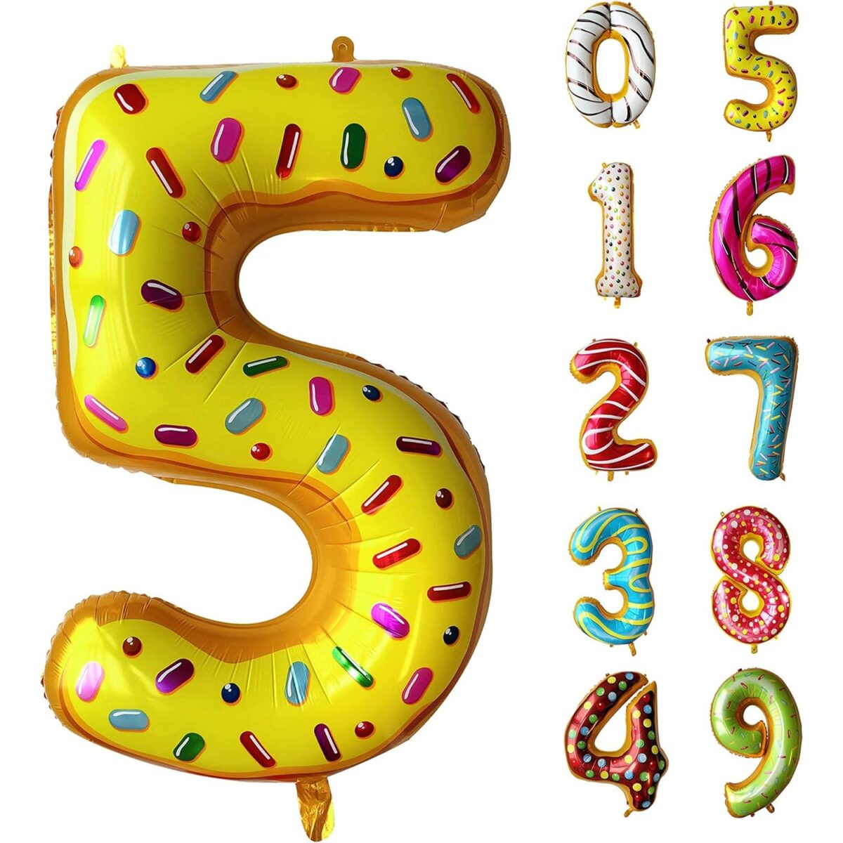 Balon din Folie Metalizata Embo, Figurina Cifra, Imprimeu Gogosi, Tema Aniversare 100 cm, Ambalaj Individual, Pai inclus, Umflare cu Aer sau Heliu, Multicolor, Cifra 5 - imagine 7