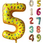 Balon din Folie Metalizata Embo, Figurina Cifra, Imprimeu Gogosi, Tema Aniversare 100 cm, Ambalaj Individual, Pai inclus, Umflare cu Aer sau Heliu, Multicolor, Cifra 5 - imagine 7
