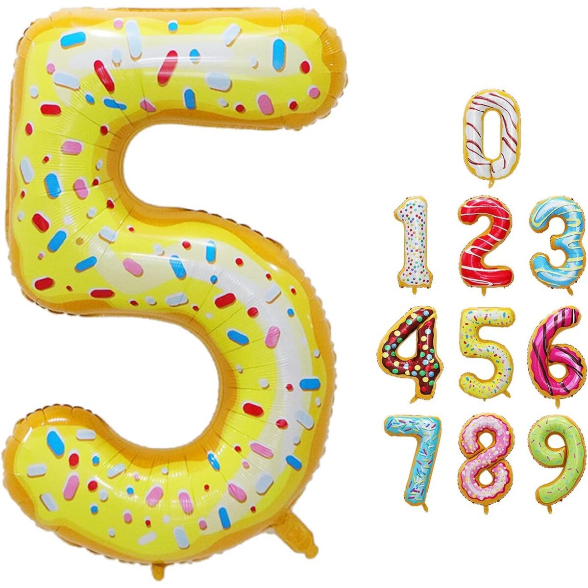 Balon din Folie Metalizata Embo, Figurina Cifra, Imprimeu Gogosi, Tema Aniversare 100 cm, Ambalaj Individual, Pai inclus, Umflare cu Aer sau Heliu, Multicolor, Cifra 5 - imagine 8