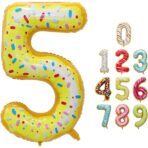 Balon din Folie Metalizata Embo, Figurina Cifra, Imprimeu Gogosi, Tema Aniversare 100 cm, Ambalaj Individual, Pai inclus, Umflare cu Aer sau Heliu, Multicolor, Cifra 5 - imagine 8