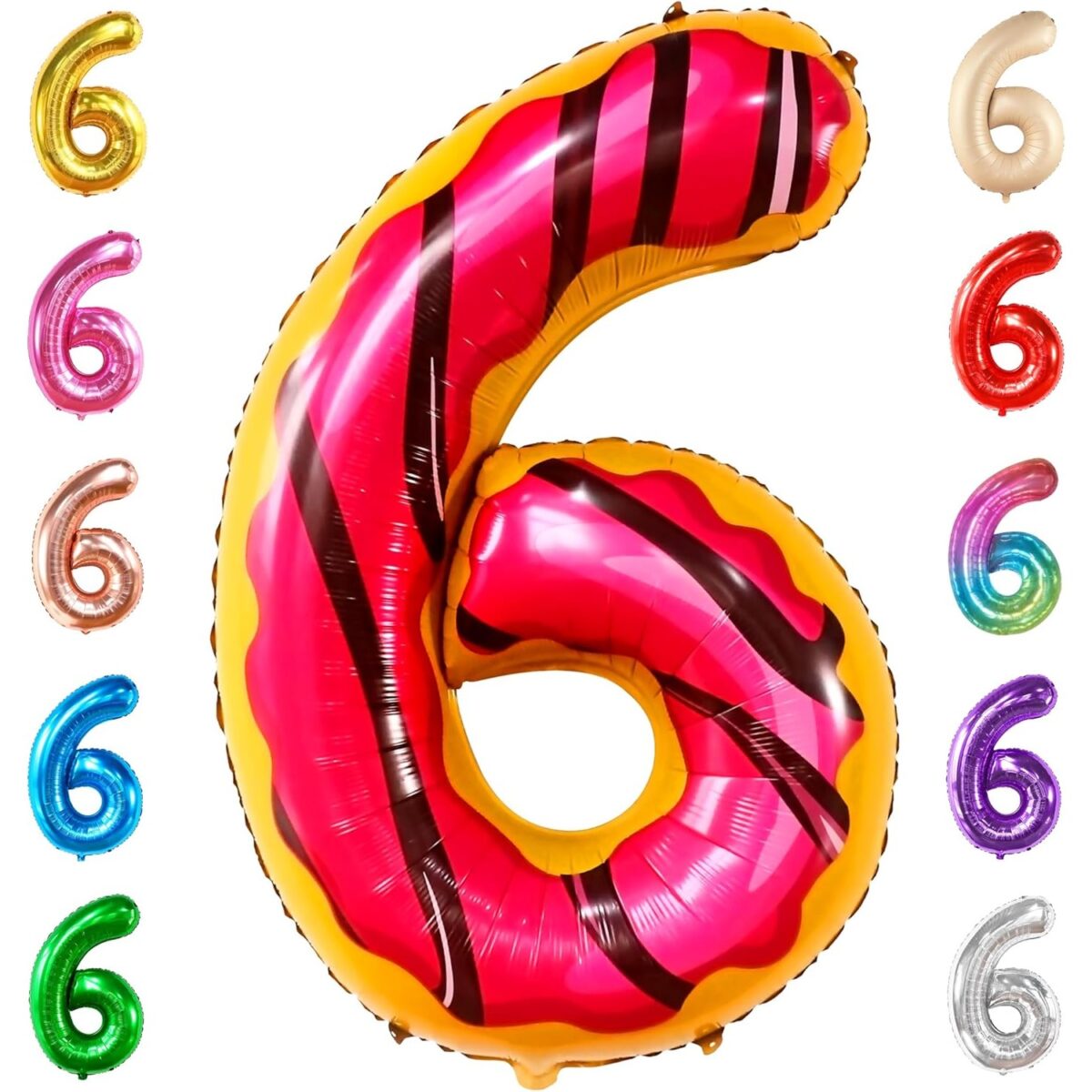 Balon din Folie Metalizata Embo, Figurina Cifra, Imprimeu Gogosi, Tema Aniversare 100 cm, Ambalaj Individual, Pai inclus, Umflare cu Aer sau Heliu, Multicolor, Cifra 6 - imagine 5
