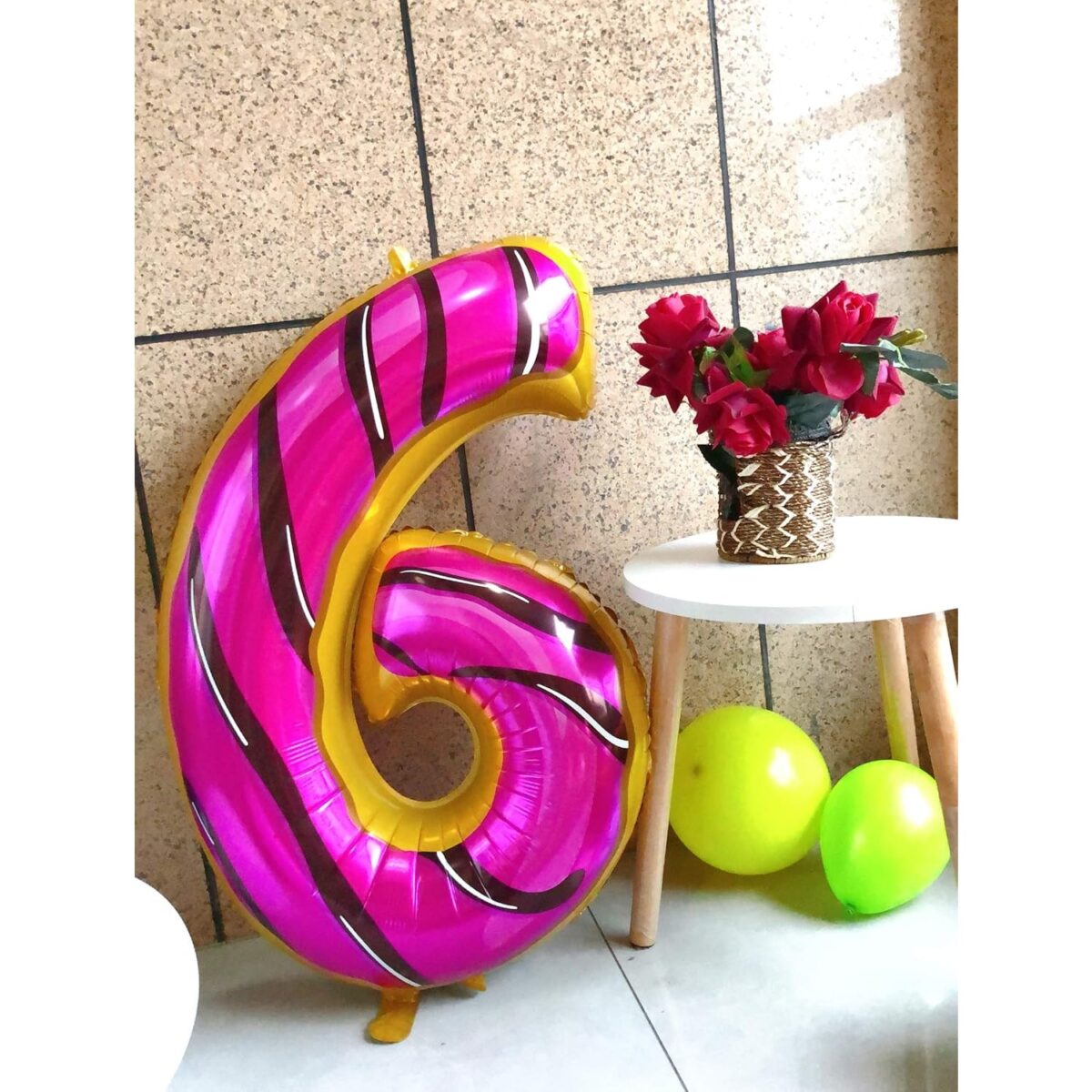 Balon din Folie Metalizata Embo, Figurina Cifra, Imprimeu Gogosi, Tema Aniversare 100 cm, Ambalaj Individual, Pai inclus, Umflare cu Aer sau Heliu, Multicolor, Cifra 6 - imagine 7