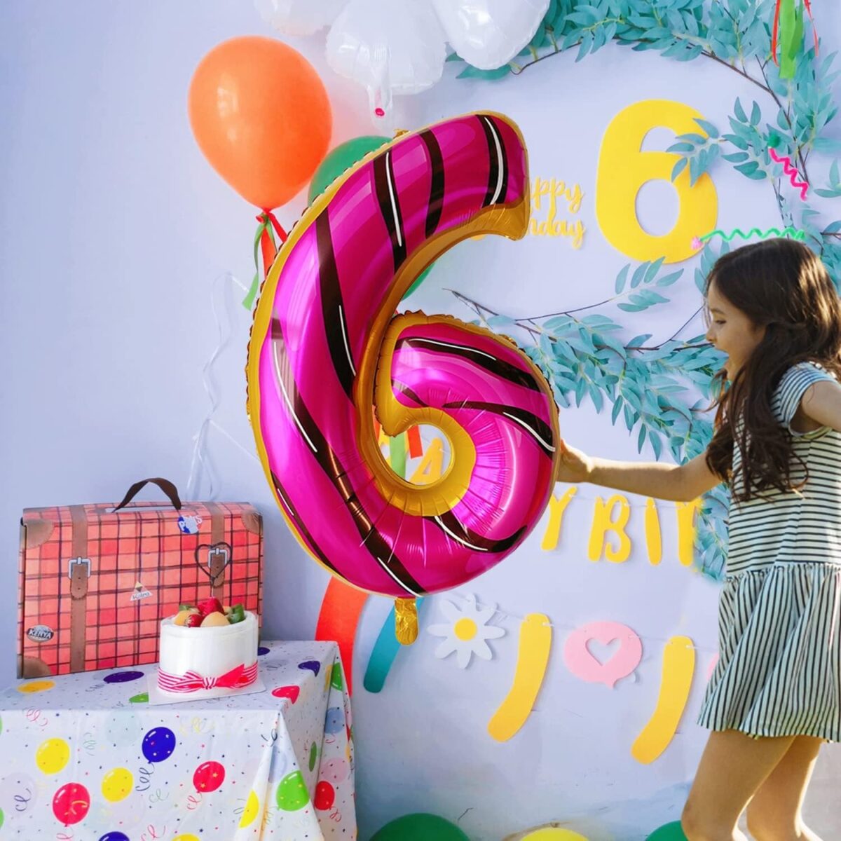 Balon din Folie Metalizata Embo, Figurina Cifra, Imprimeu Gogosi, Tema Aniversare 100 cm, Ambalaj Individual, Pai inclus, Umflare cu Aer sau Heliu, Multicolor, Cifra 6 - imagine 9
