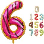 Balon din Folie Metalizata Embo, Figurina Cifra, Imprimeu Gogosi, Tema Aniversare 100 cm, Ambalaj Individual, Pai inclus, Umflare cu Aer sau Heliu, Multicolor, Cifra 6 - imagine 11