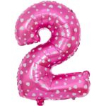 Balon din Folie Metalizata Embo, Figurina Cifra, Imprimeu Inimi, Tema Aniversare 80 cm, Ambalaj Individual, Pai inclus, Umflare cu Aer sau Heliu, Roz, Cifra 2