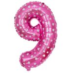 Balon din Folie Metalizata Embo, Figurina Cifra, Imprimeu Inimi, Tema Aniversare 80 cm, Ambalaj Individual, Pai inclus, Umflare cu Aer sau Heliu, Roz, Cifra 9