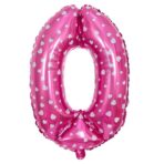 Balon din Folie Metalizata Embo, Figurina Cifra, Imprimeu Inimi, Tema Aniversare 80 cm, Ambalaj Individual, Pai inclus, Umflare cu Aer sau Heliu, Roz, Cifra 0