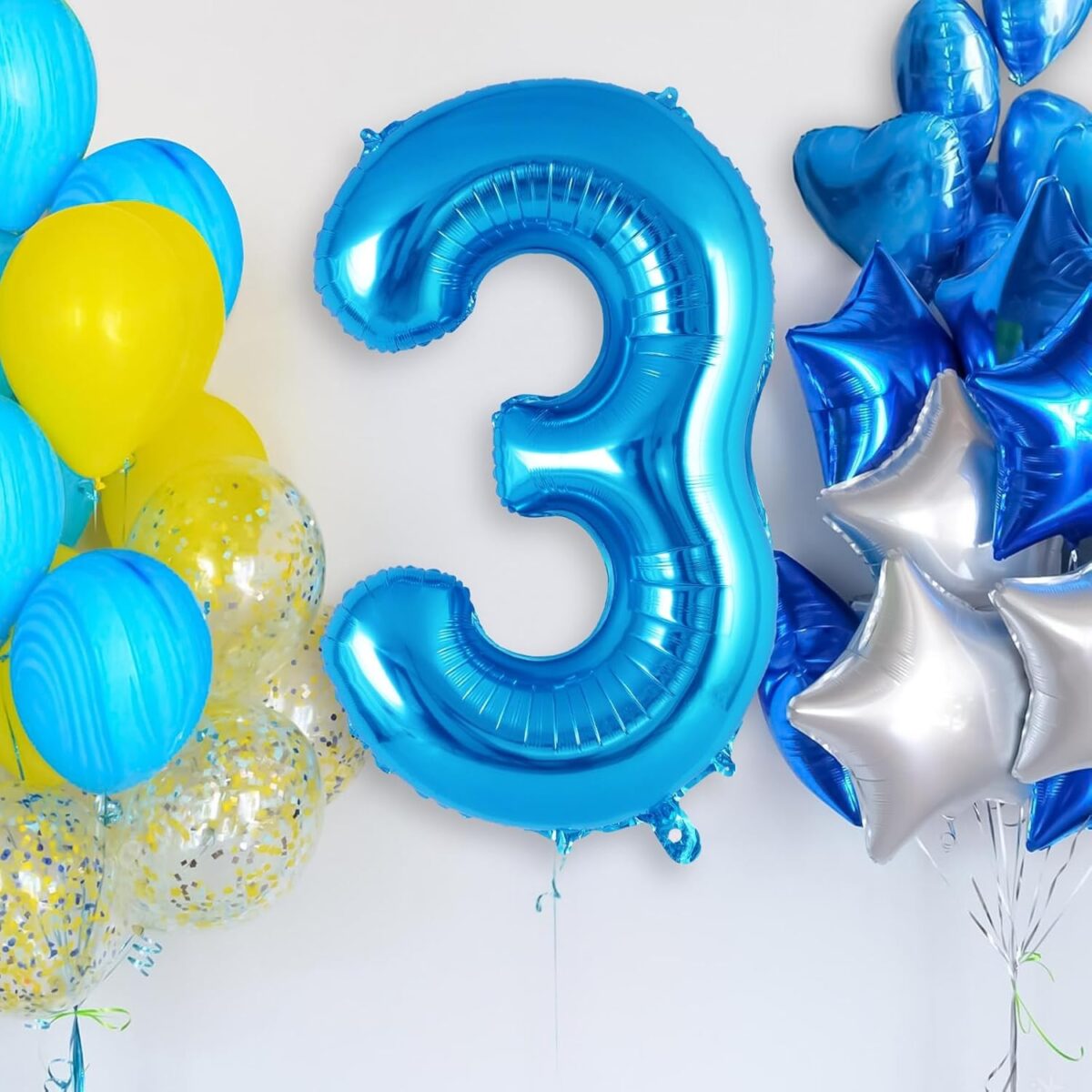 Balon din Folie Metalizata Embo, Figurina Cifra, Tema Aniversare 40 cm, Ambalaj Individual, Pai inclus, Umflare cu Aer sau Heliu, Albastru, Cifra 3 - imagine 5